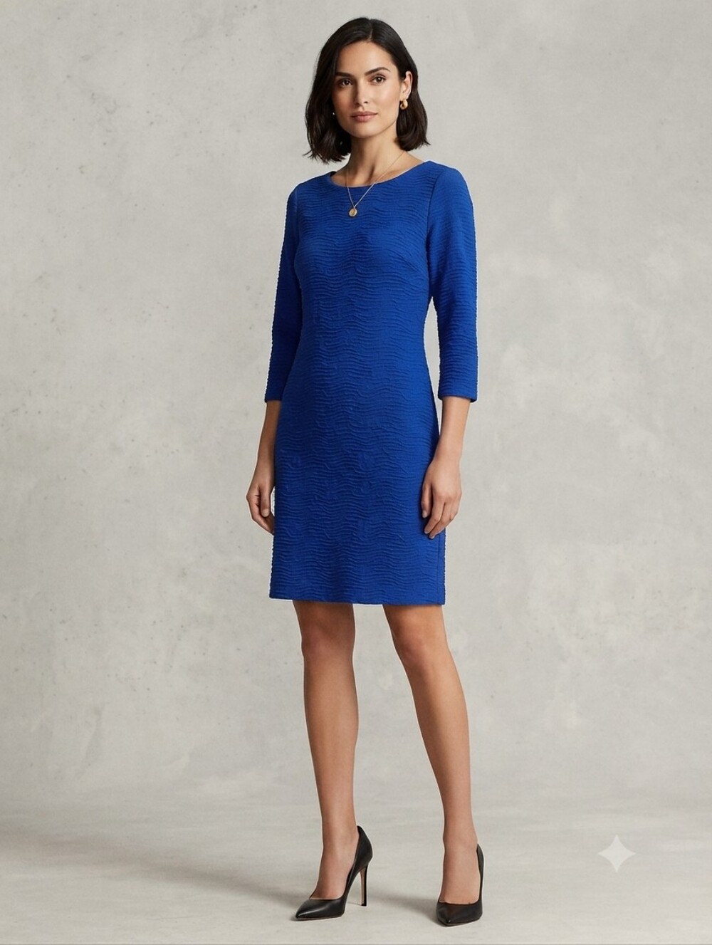 DONCASTER Royal Blue Textured Ripple Knit 3/4 Sleeve Sheath Dress Size 8